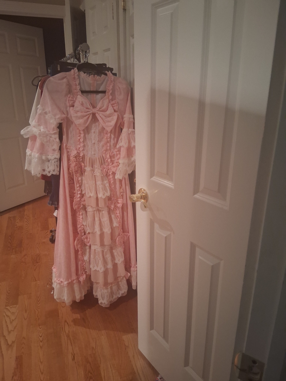 Ruffled Pink Lace Vintage-Style Gown with Bow
